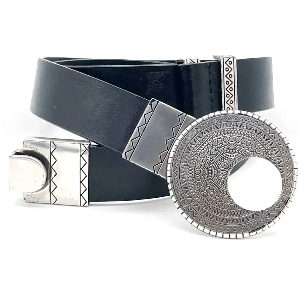 Chico’s Black Genuine Leather Belt SM Silver Round Medallion Buckle Boho Tribal